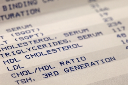 detail of blood screening results prinitng with focus on cholesterol